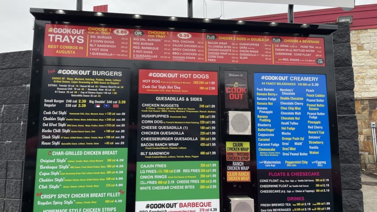 AUGUST, UNITED STATES - Mar 08, 2022: Augusta, Ga USA - 03 08 22: Cookout fast food restaurant drive thru menu