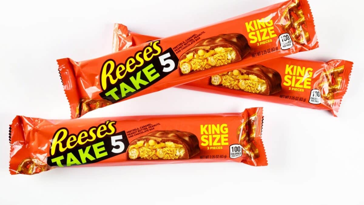 May 4, 2021. New York. Reeses with pretzels and caramel milk chocolate bar isolated on a white background.