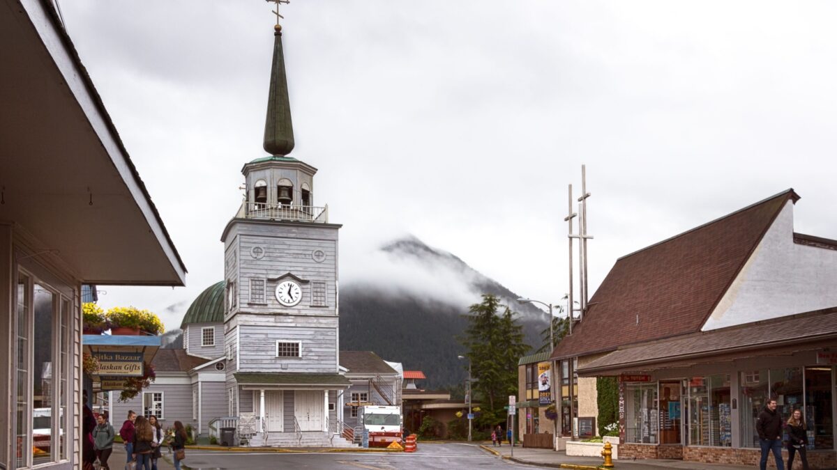 Sitka, Alaska, USA - August 20, 2017: The Cathedral of St Michael Archangel placed at Lincoln and Matsoutoff Streets in Sitka, Alaska.