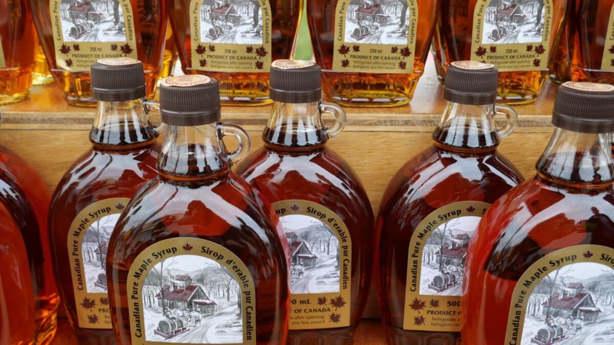 Ontario, Canada - September 30, 2021: Bottles of Canadian made maple syrup on display.