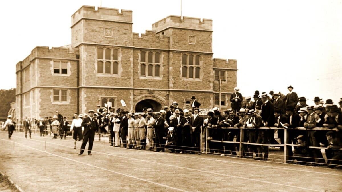 1904 Olympics, Competition Official and Spectators, Vintage Photograph