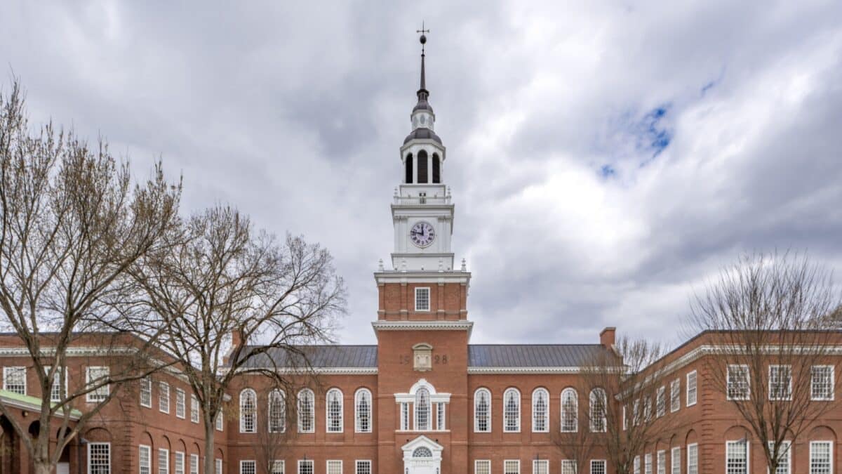 Hanover, NH, USA - 04-21-2024: Iconic photo of Baker-Berry Library, Dartmouth College located in Hanover, New Hampshire, USA on a mostly cloudy spring day.