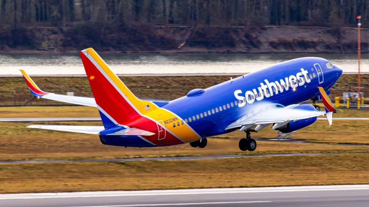 Portland, OR - January 28, 2024: Photo of a Southwest Airlines passenger plane (Boeing 737-7H4(WL) | N232WN) departing Portland International