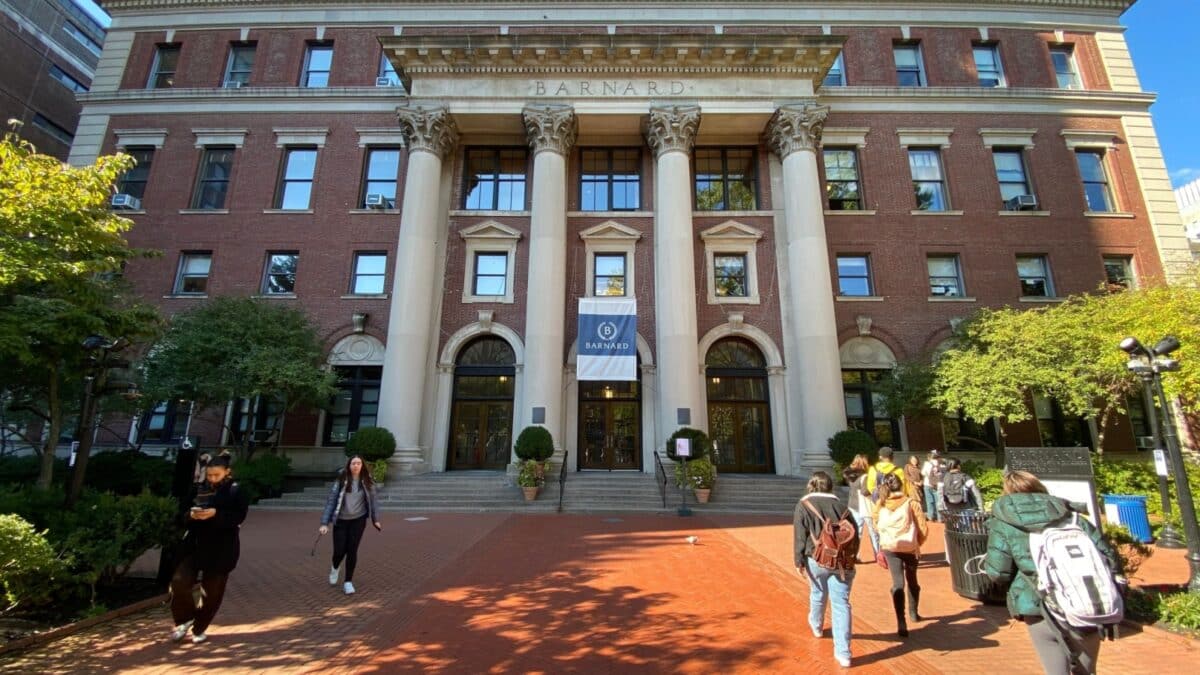 New York, NY USA - November 2, 2023 : Students walking past Barnard Hall on the main campus of Barnard College in the fall in Morningside Heights, New York City