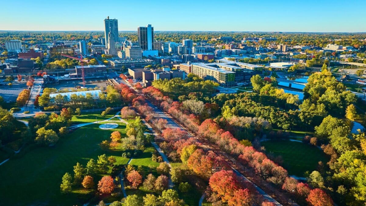 Aerial Autumn Urban Park and Cityscape, Fort Wayne