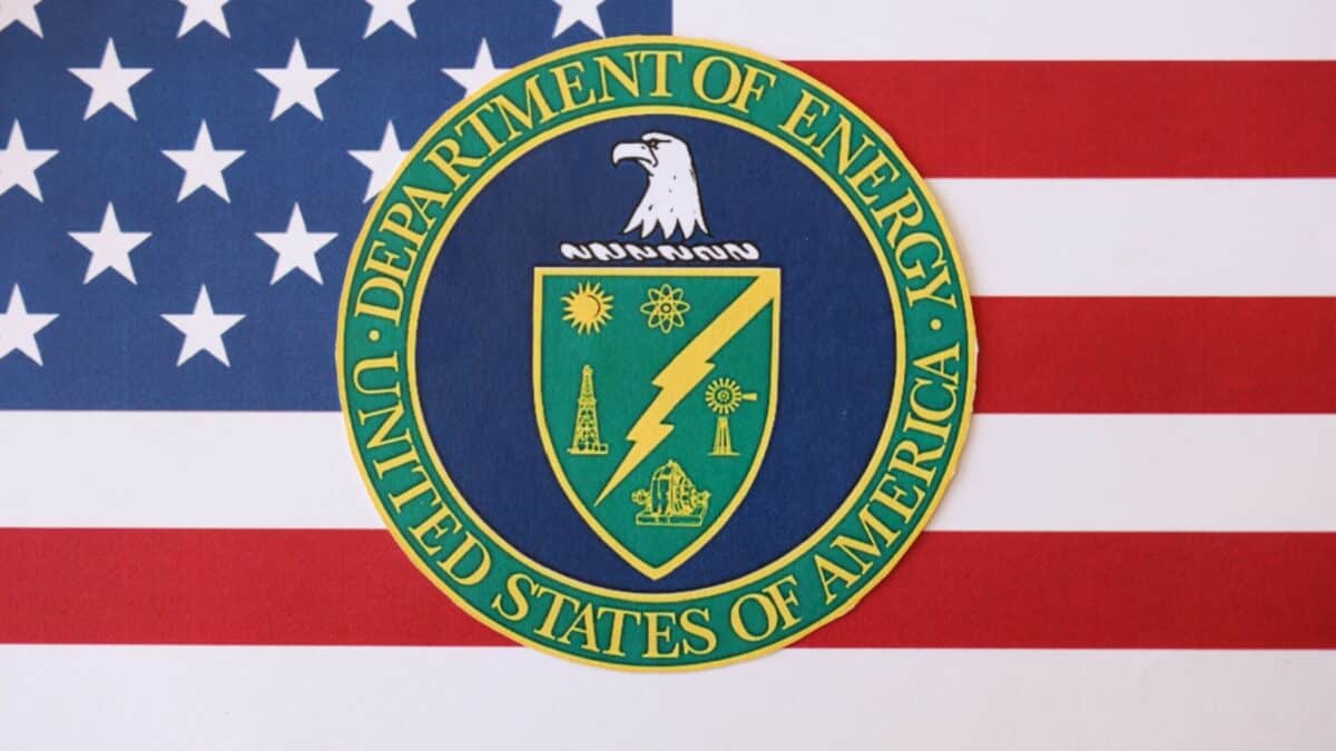 KYIV, UKRAINE - MARCH 9, 2024 US Department of Energy seal on United States of America flag close up