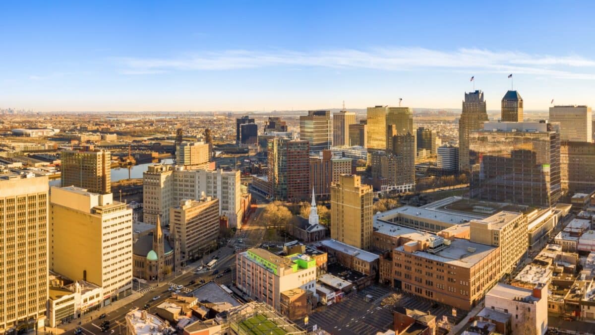 Aerial panorama of Newark New Jersey skyline on late sunny afternoon