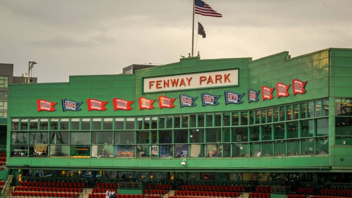 Boston, MA - 9/30/18: The press box at historic Fenway Park, with banners representing the team's division and World Series championships