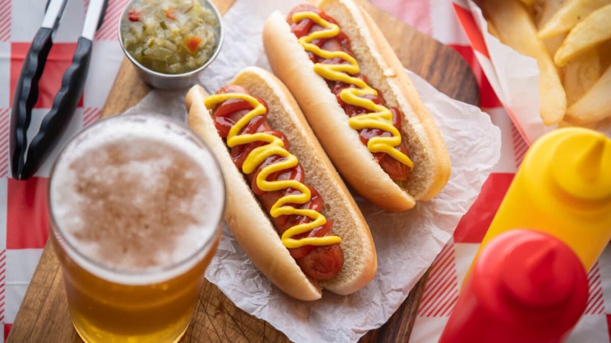 hot dog with beer and french fries