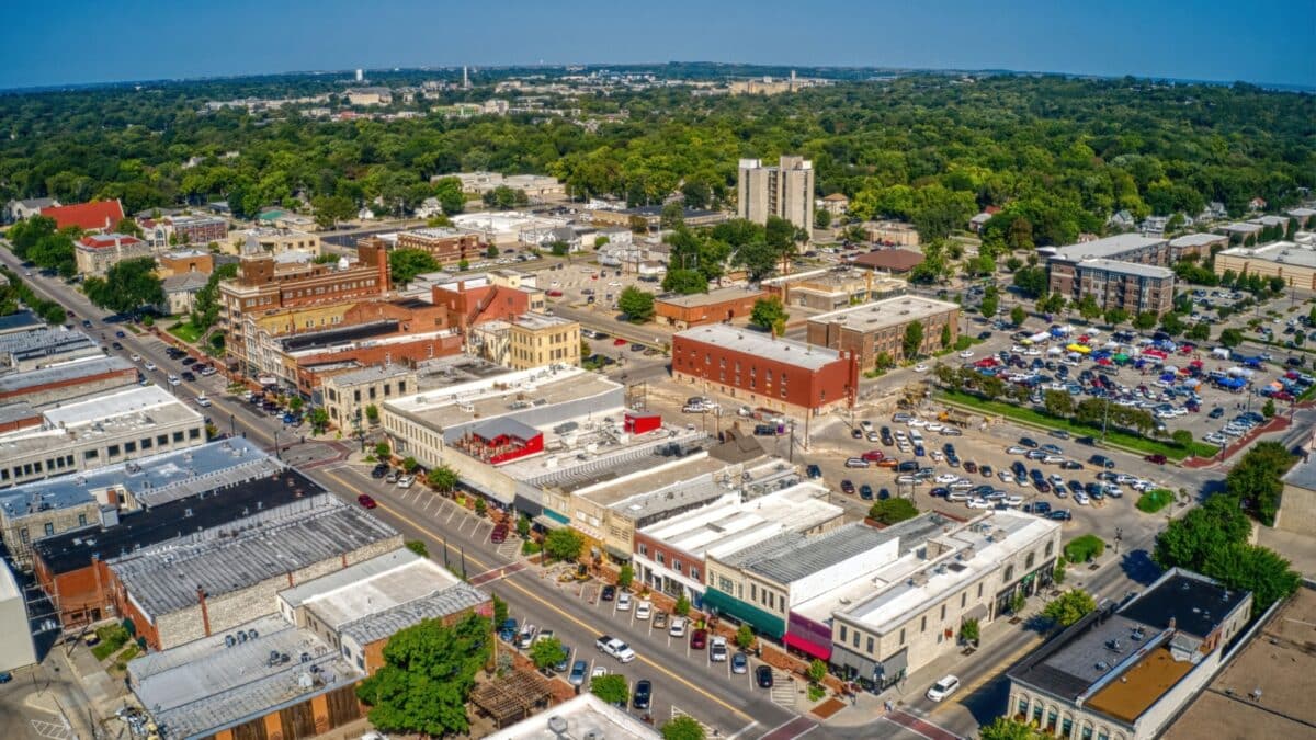 Aerial View of the College Town of Manhattan, Kansas in Summer