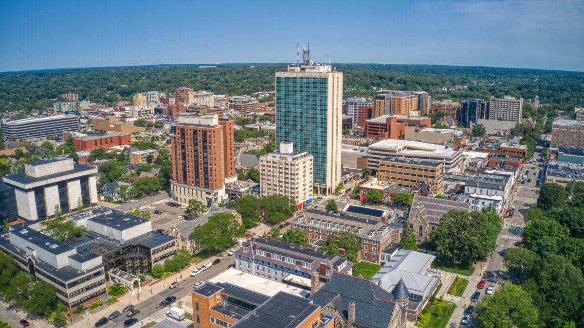 Aerial View of Downtown Ann Arbor, Michigan in Summer