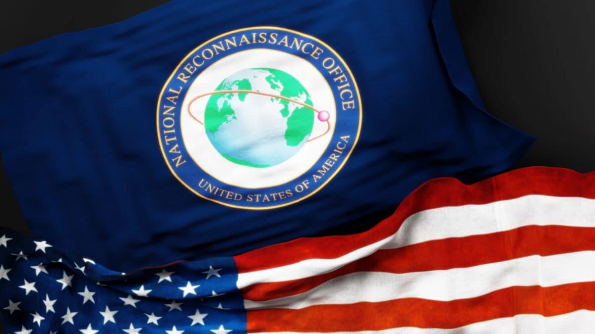 Flag of the National Reconnaissance Office along with a flag of the United States of America as a symbol of unity between them, 3d illustration