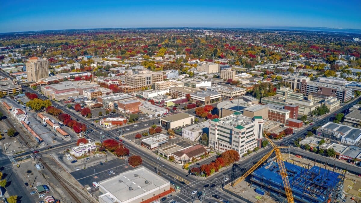 Aerial View of Downtown Modesto, California during Autumn