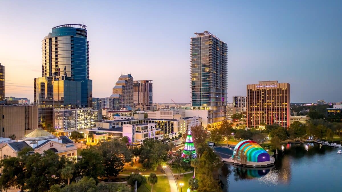 Aerial view of downtown Orlando, Florida. USA. Lake Eola Park in December 14, 2022.