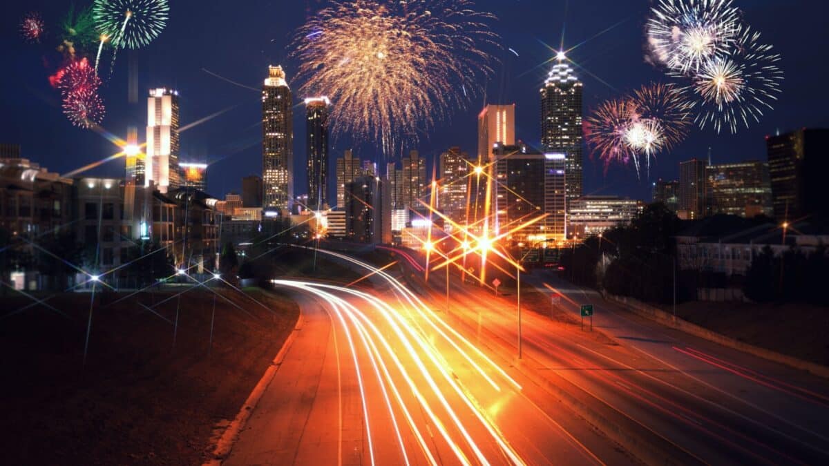 Fireworks over Atlanta city night skyline, Georgia, USA