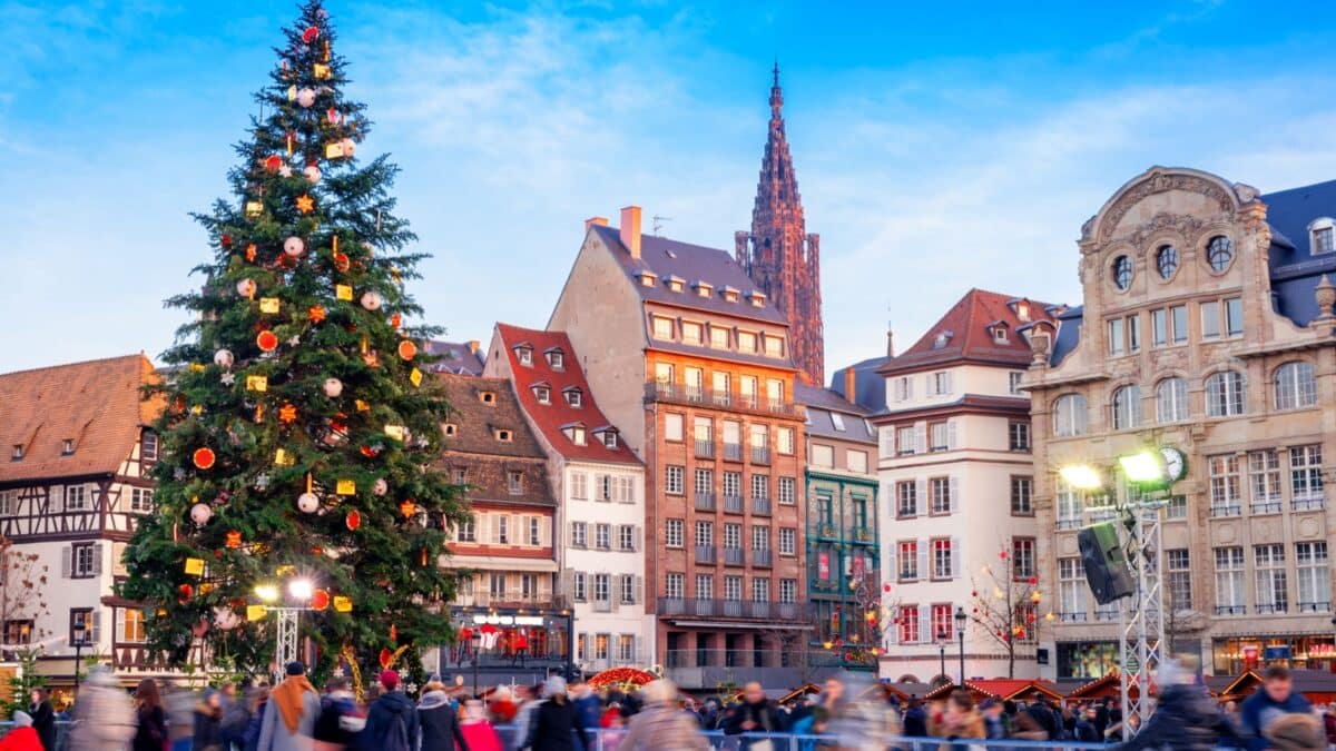 Ice Skating rink near the Cathedral in Strasbourg, France, Christmas Time