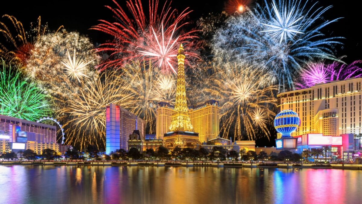 LAS VEGAS, USA - JANUARY 4, 2020: New Year celebration fireworks on Las Vegas strip on January 4, 2020 in Las Vegas, Nevada. The Las Vegas is home to the largest hotels and casinos in the world.