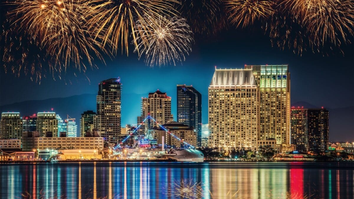 Cityscape of San Diego (California, USA) with fireworks