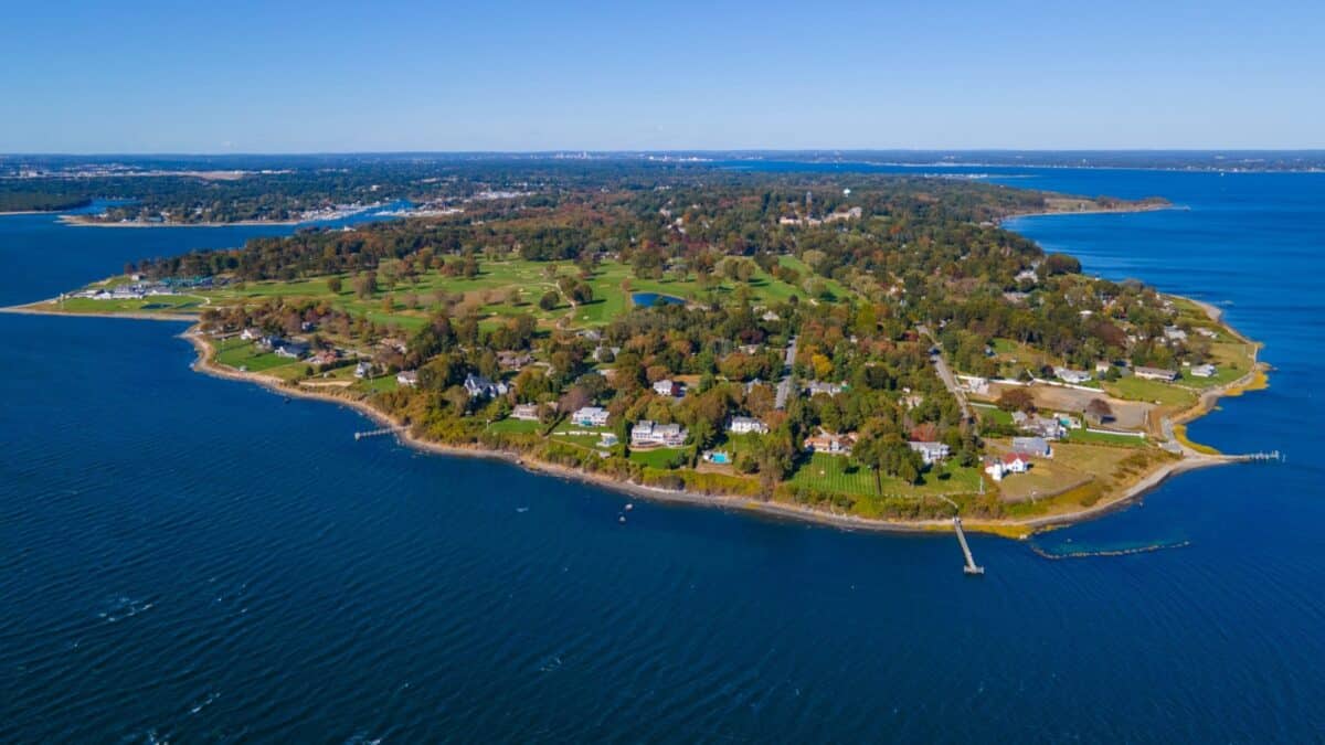 Aerial view of Warwick Point including Warwick Lighthouse in city of Warwick, Rhode Island RI, USA.