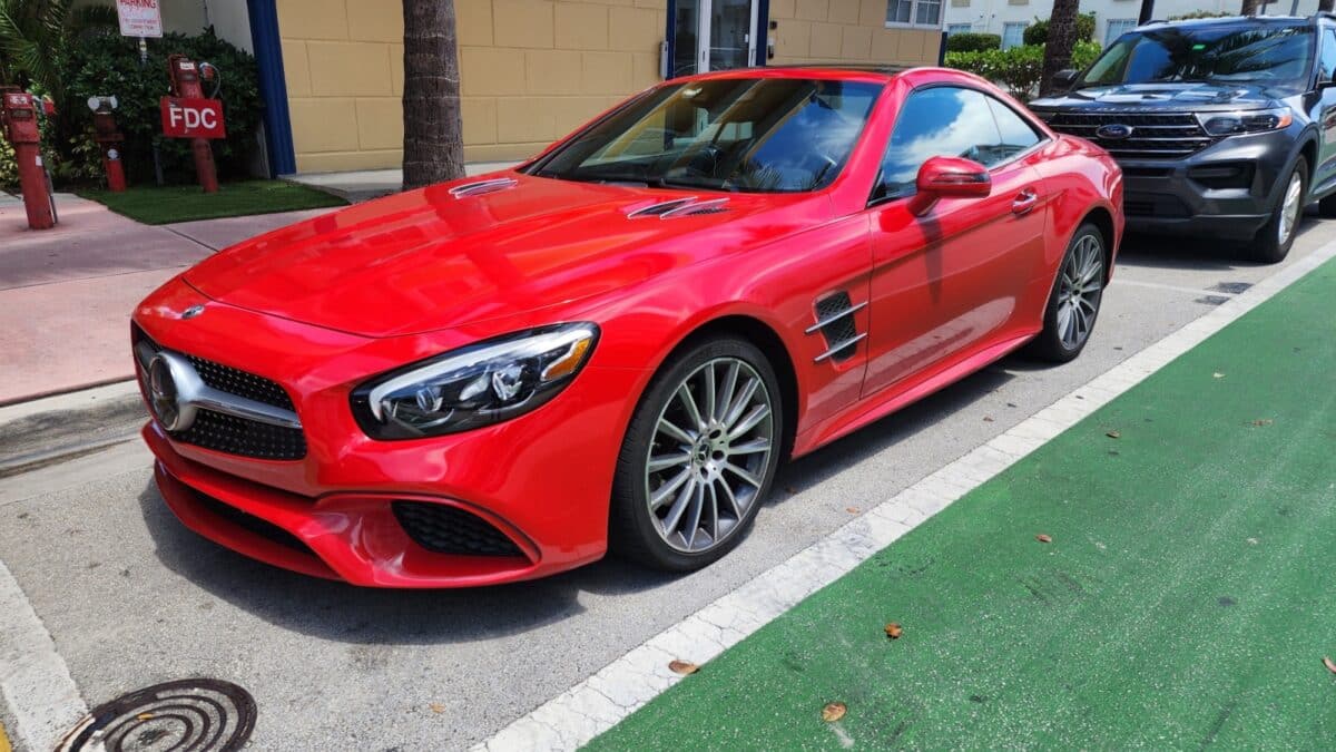 Miami Beach, Florida USA - June 8, 2024: Mercedes-Benz SL-Class at ocean drive miami beach. Mercedes Benz is a premium german auto maker