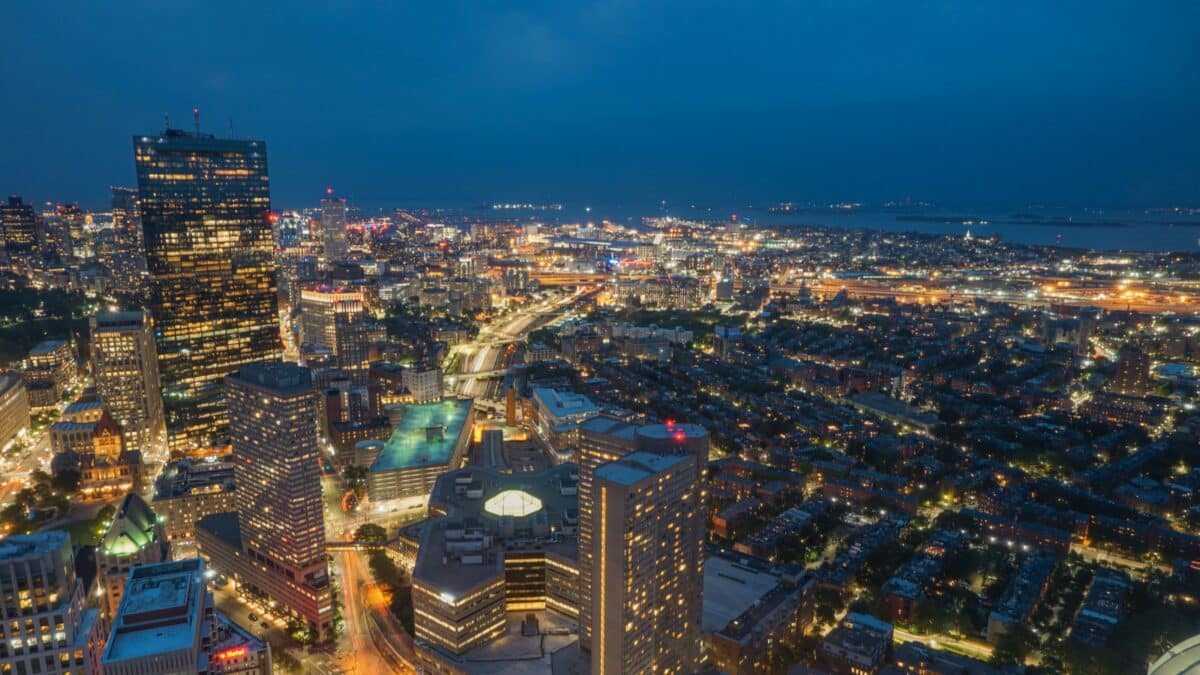 Boston, Massachusetts, USA - JULY 15, 2018: Cityscape, from the Skywalk Observatory,prudential tower at twilight