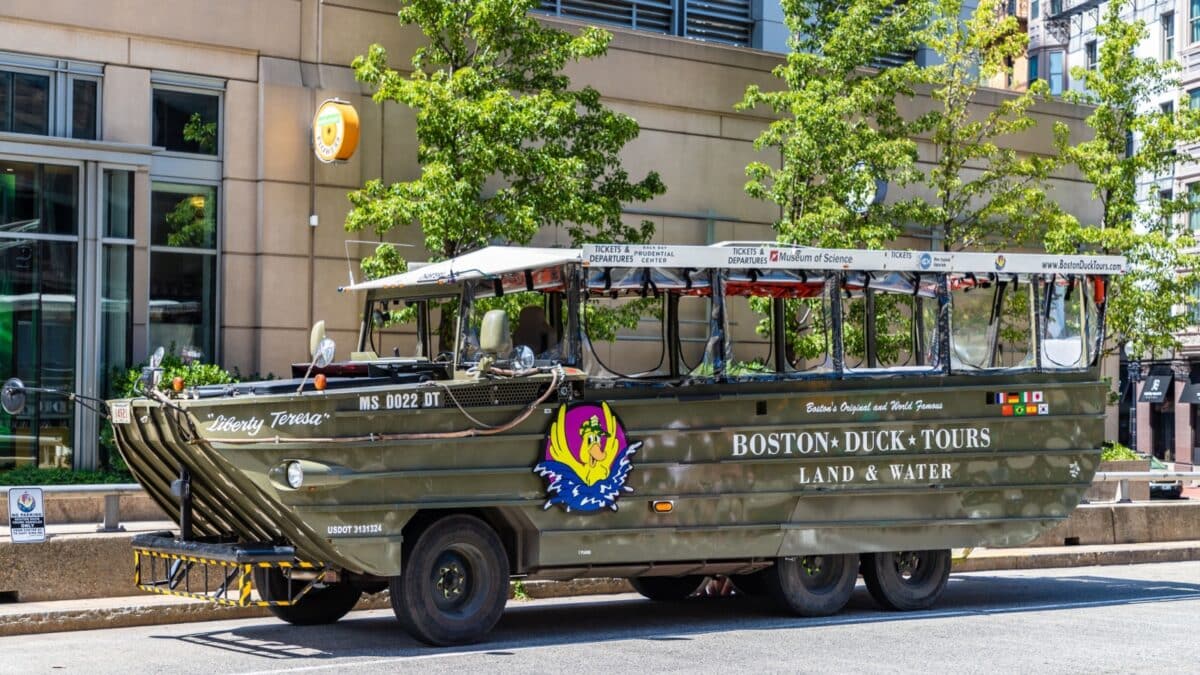 BOSTON, USA - MARCH 29, 2020: Boston Duck Tours bus next in Boston, Massachusetts, USA