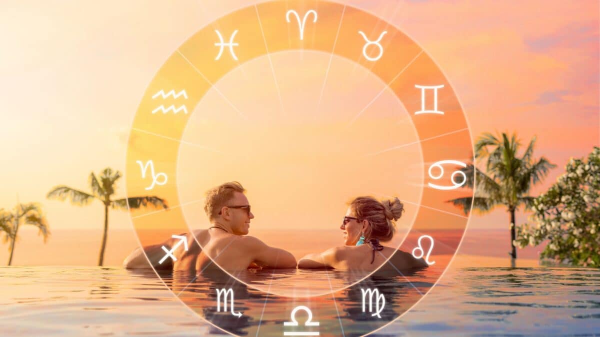 Conceptual photo of happy couple with perfect match and love compatibility between zodiac signs