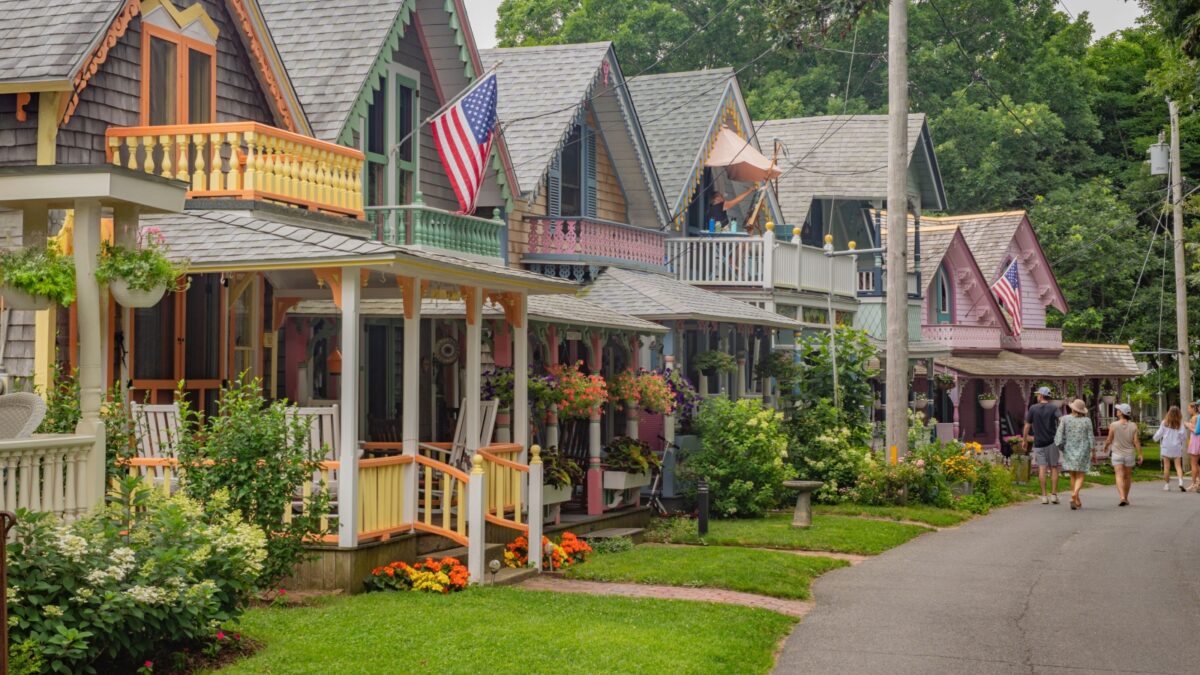 Oak Bluffs, Martha's Vineyard, MA July 10, 2024: Brightly painted Gingerbread cottages in the historic Camp Meeting district is a popular tourist destination