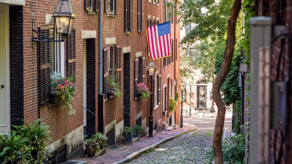 View of historic Acorn Street in Boston MA USA